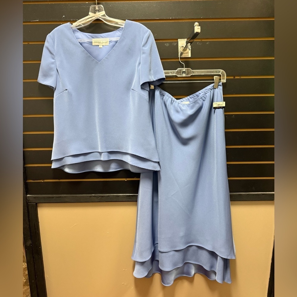Donna Ricco Blue Chiffon 2 Piece Top Skirt Set Size 12